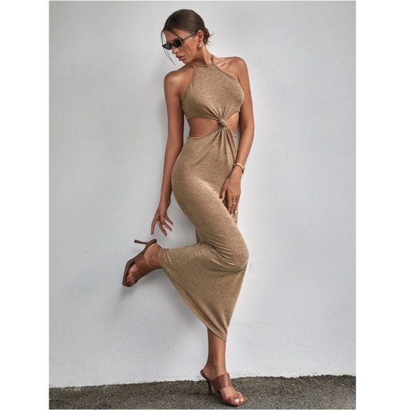Khaki Slim Dress Tie Knot Front Halter Top Long - Picture 4 of 7